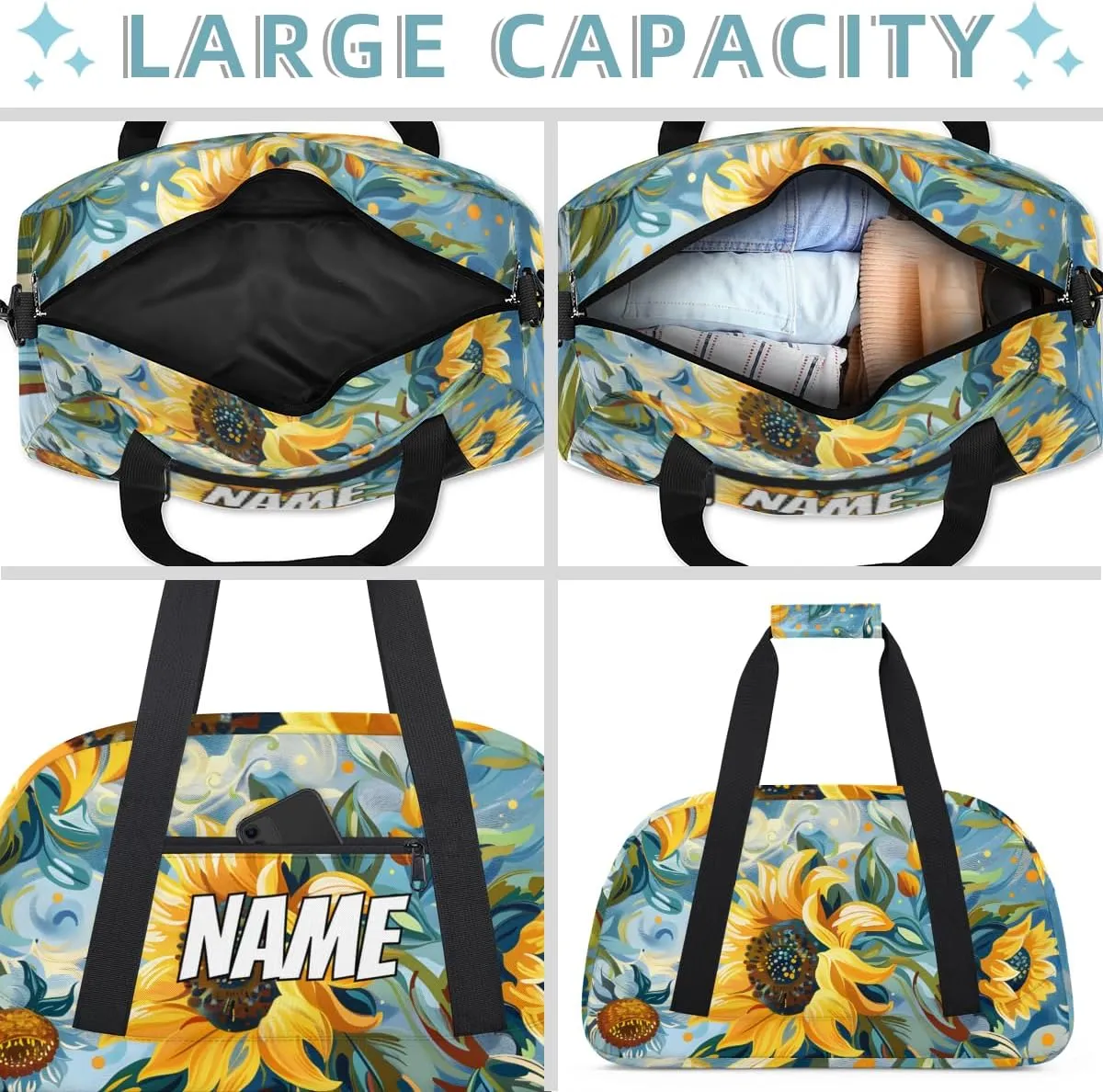Personalized Custom Gym Bag for Women Men Carry on Rustic Sunflowers Travel Duffel Tote Watercolor Plants Overnight Workout Weekender Bag