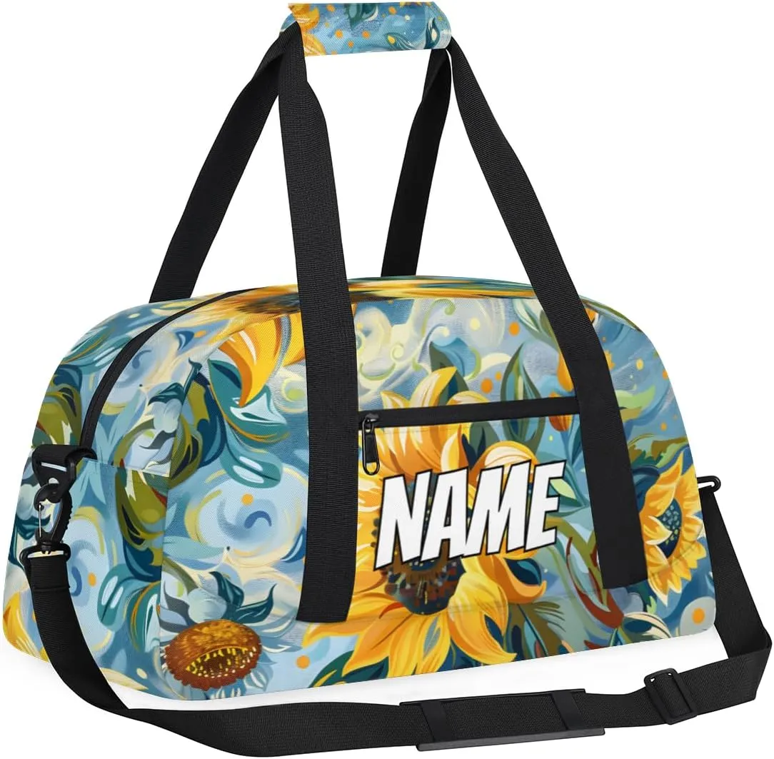 Personalized Custom Gym Bag for Women Men Carry on Rustic Sunflowers Travel Duffel Tote Watercolor Plants Overnight Workout Weekender Bag