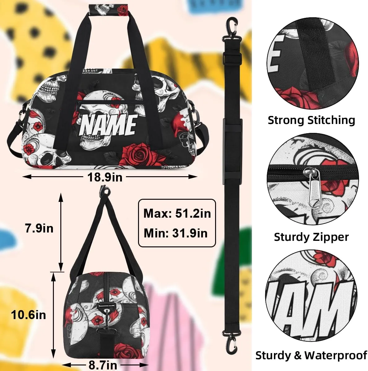 Personalized Custom Gym Bag for Women Men Carry on Skull Rose Flower Travel Duffel Tote Gothic Skeleton Overnight Workout Weekender Bag
