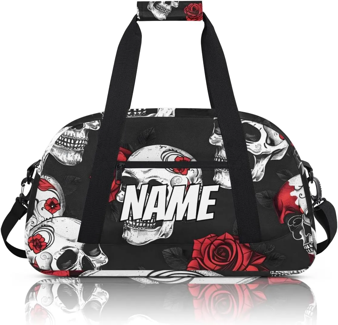 Personalized Custom Gym Bag for Women Men Carry on Skull Rose Flower Travel Duffel Tote Gothic Skeleton Overnight Workout Weekender Bag