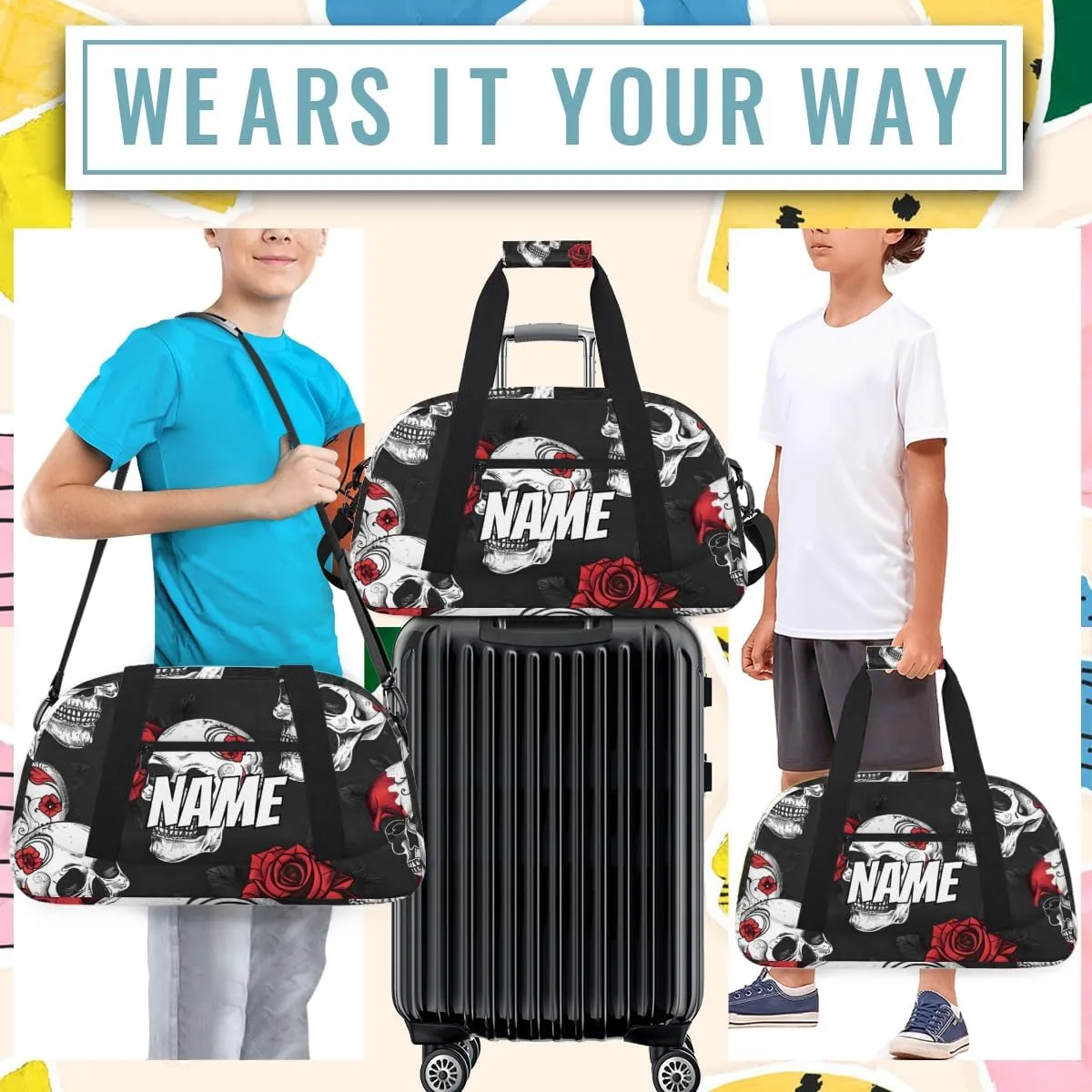 Personalized Custom Gym Bag for Women Men Carry on Skull Rose Flower Travel Duffel Tote Gothic Skeleton Overnight Workout Weekender Bag