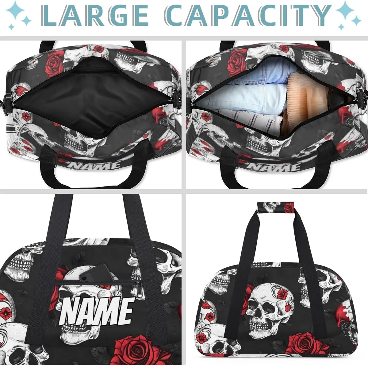 Personalized Custom Gym Bag for Women Men Carry on Skull Rose Flower Travel Duffel Tote Gothic Skeleton Overnight Workout Weekender Bag