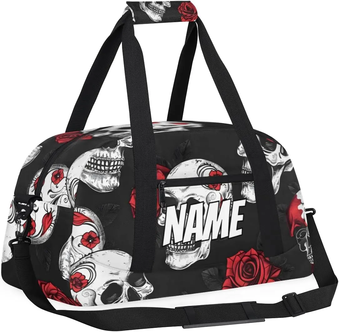 Personalized Custom Gym Bag for Women Men Carry on Skull Rose Flower Travel Duffel Tote Gothic Skeleton Overnight Workout Weekender Bag
