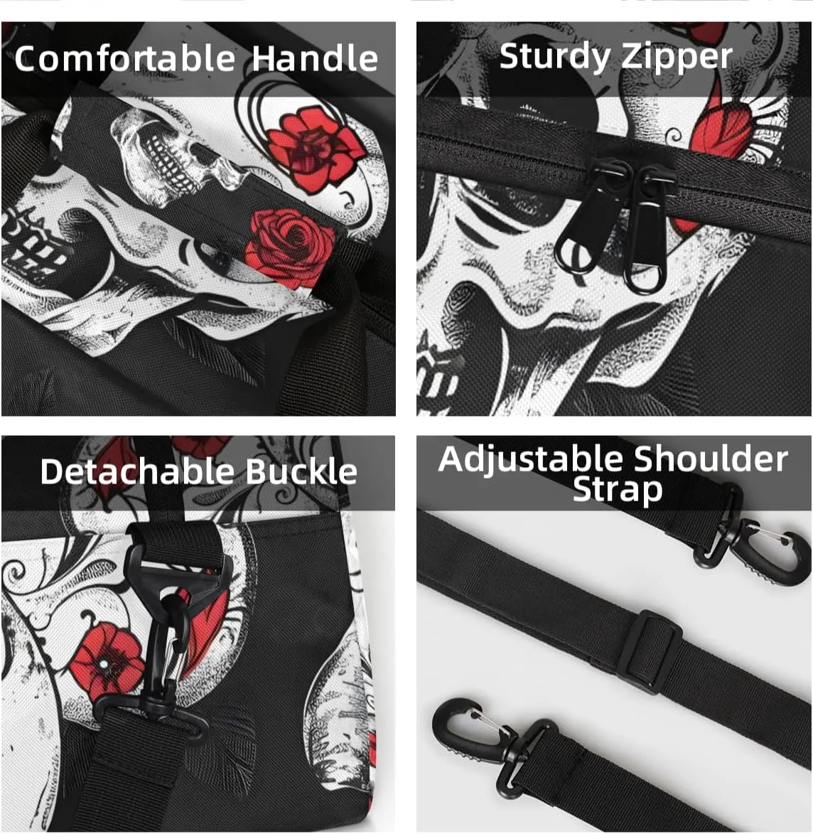 Personalized Custom Gym Bag for Women Men Carry on Skull Rose Flower Travel Duffel Tote Gothic Skeleton Overnight Workout Weekender Bag