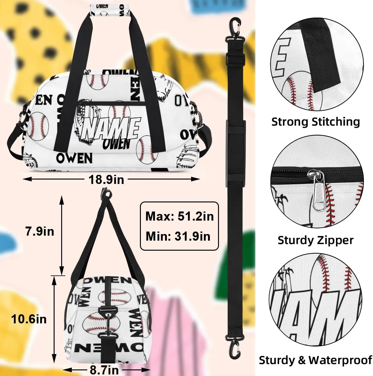 Personalized Custom Gym Bag for Women Men Carry on Sports Baseball Travel Duffel Tote Cool Gloves Overnight Workout Weekender Bag