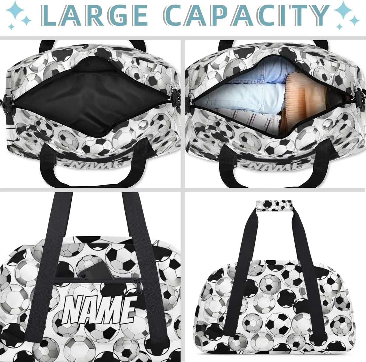 Personalized Custom Gym Bag for Women Men Carry on Sports Soccer Travel Duffel Tote Black White Overnight Workout Weekender Bag