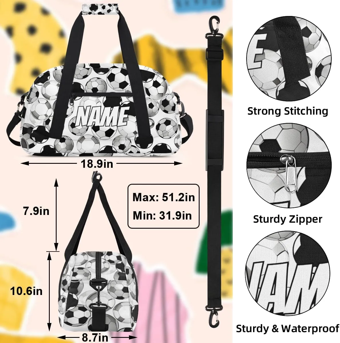 Personalized Custom Gym Bag for Women Men Carry on Sports Soccer Travel Duffel Tote Black White Overnight Workout Weekender Bag