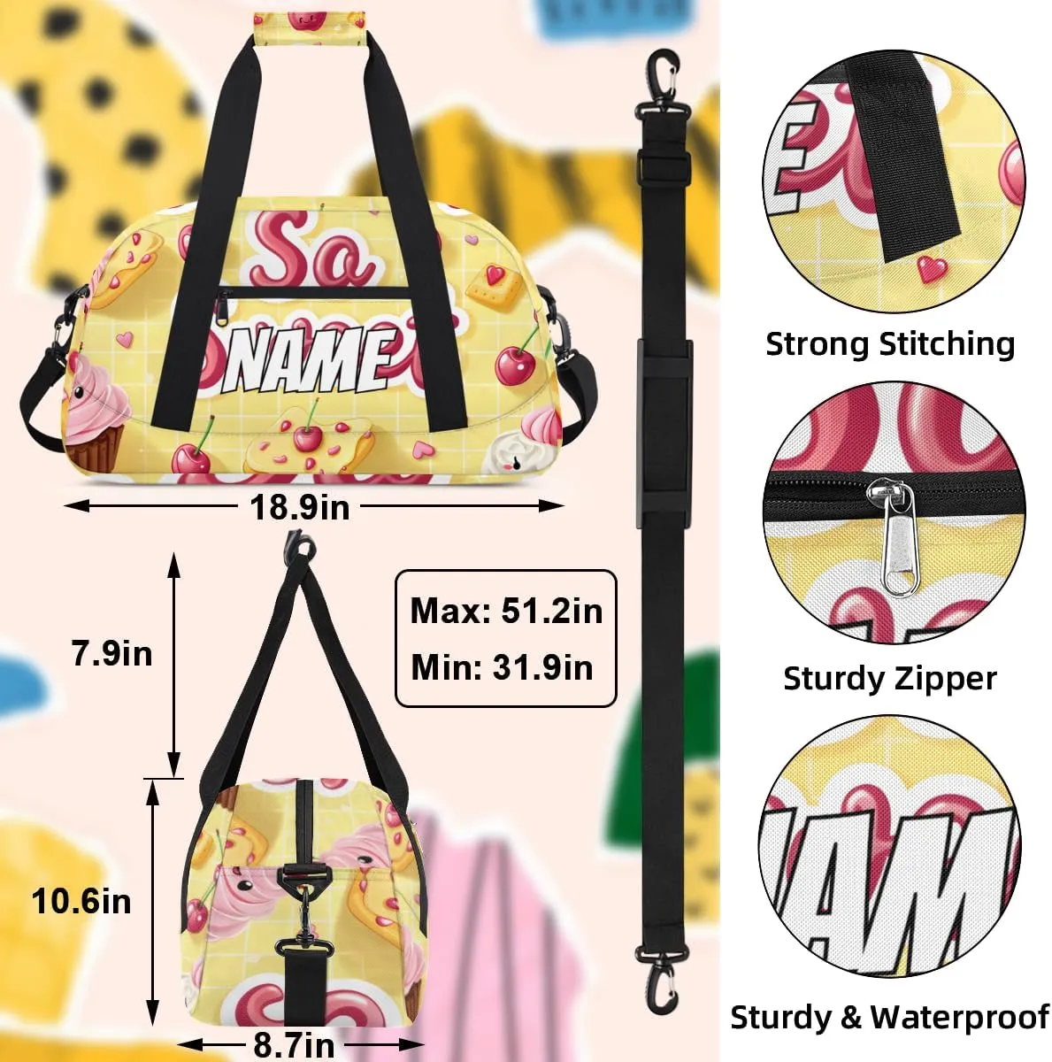Personalized Custom Gym Bag for Women Men Carry on Sweet Cake Travel Duffel Tote Cherry Dessert Overnight Workout Weekender Bag