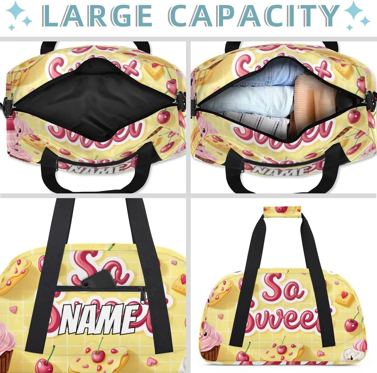 Personalized Custom Gym Bag for Women Men Carry on Sweet Cake Travel Duffel Tote Cherry Dessert Overnight Workout Weekender Bag