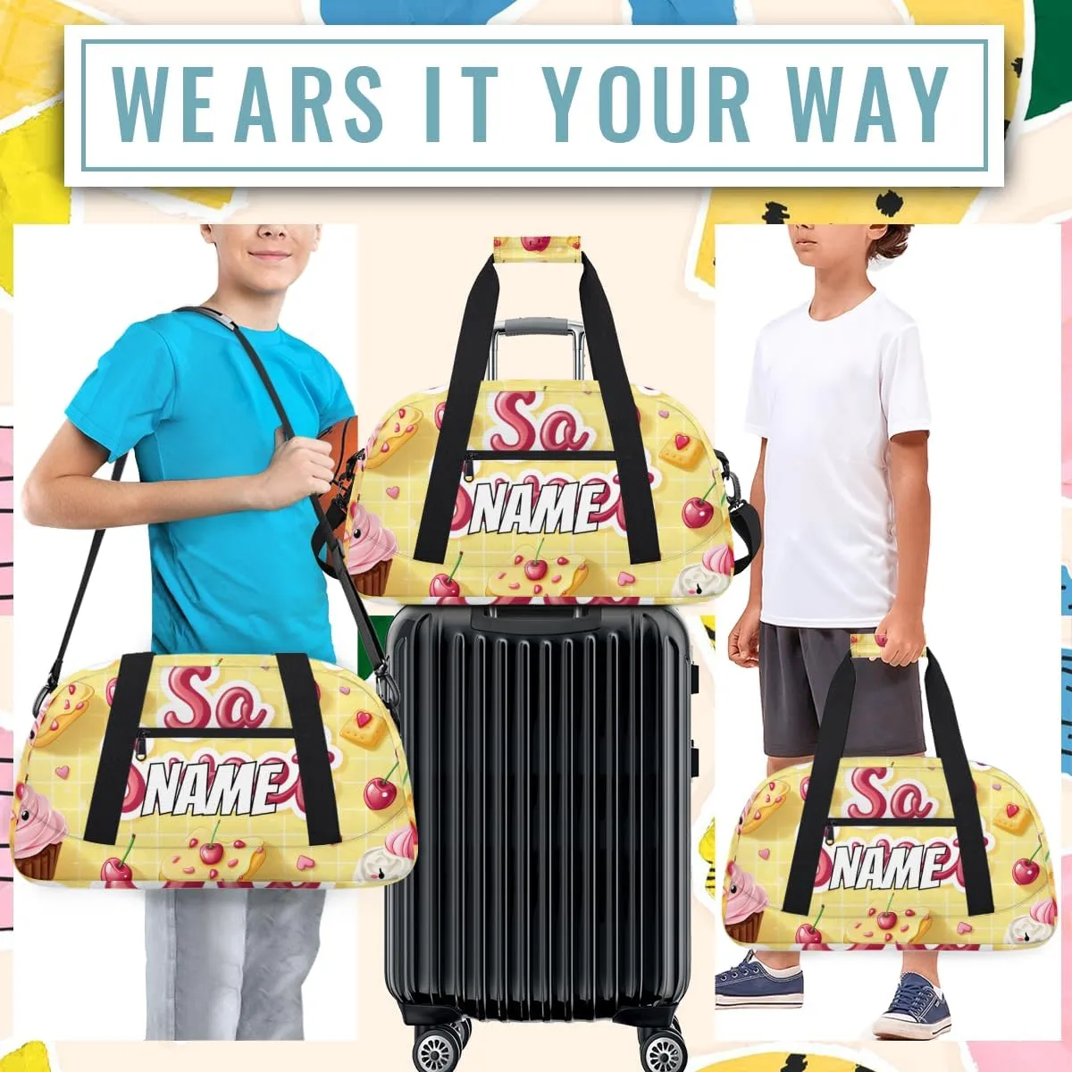 Personalized Custom Gym Bag for Women Men Carry on Sweet Cake Travel Duffel Tote Cherry Dessert Overnight Workout Weekender Bag