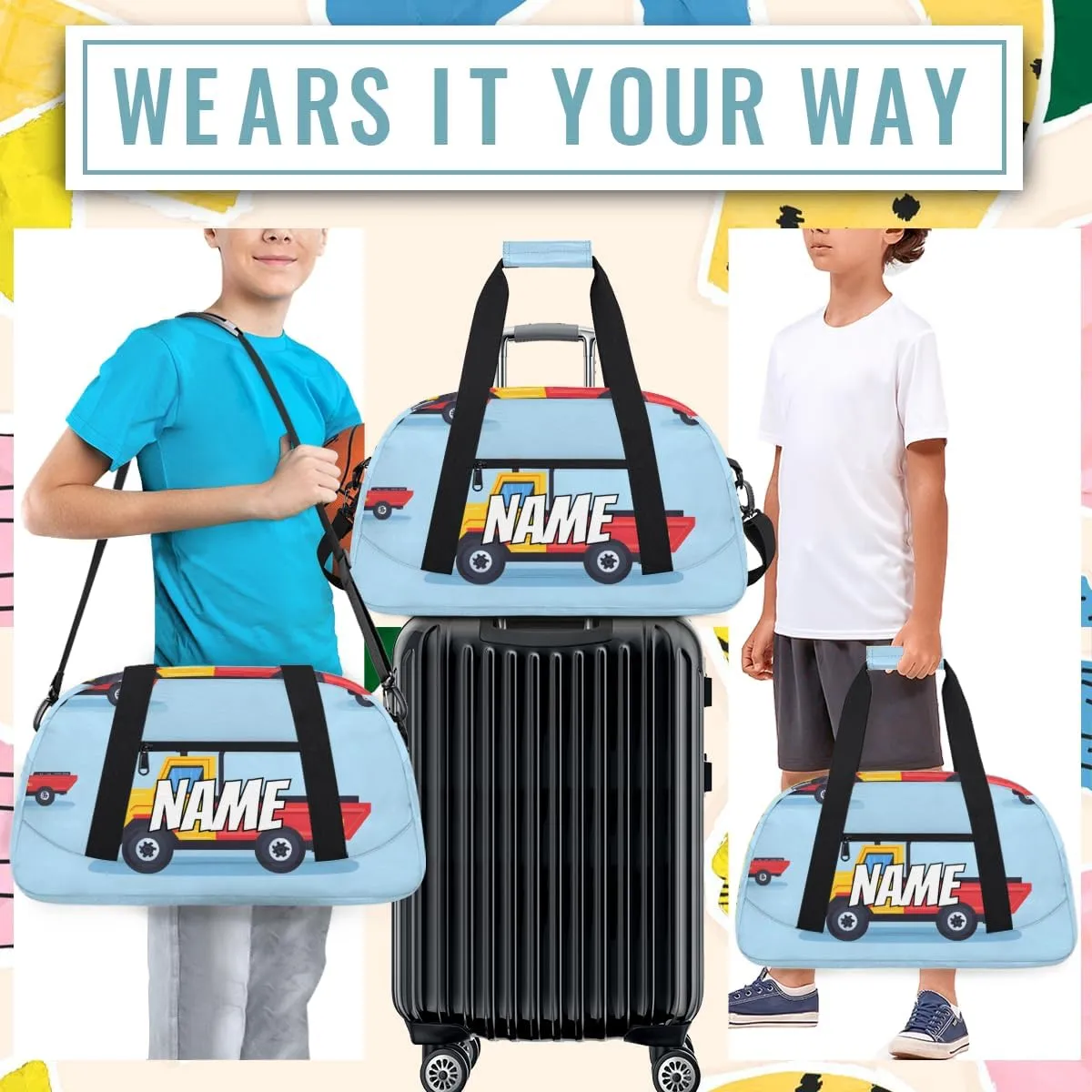 Personalized Custom Gym Bag for Women Men Carry on Transportation Truck Travel Duffel Tote Excavator Vehicle Overnight Workout Weekender Bag