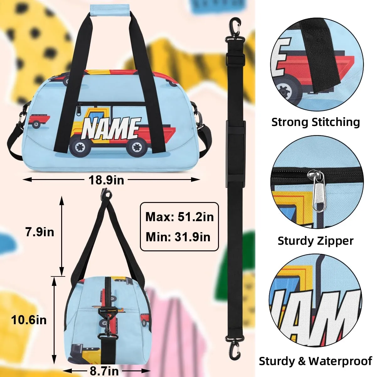 Personalized Custom Gym Bag for Women Men Carry on Transportation Truck Travel Duffel Tote Excavator Vehicle Overnight Workout Weekender Bag