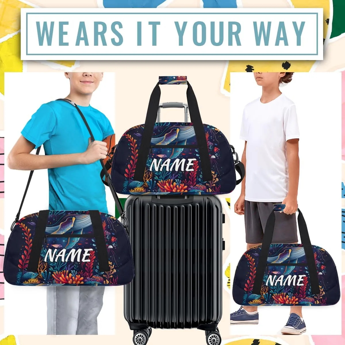 Personalized Custom Gym Bag for Women Men Carry on Underwater World Travel Duffel Tote Coral Whale Overnight Workout Weekender Bag