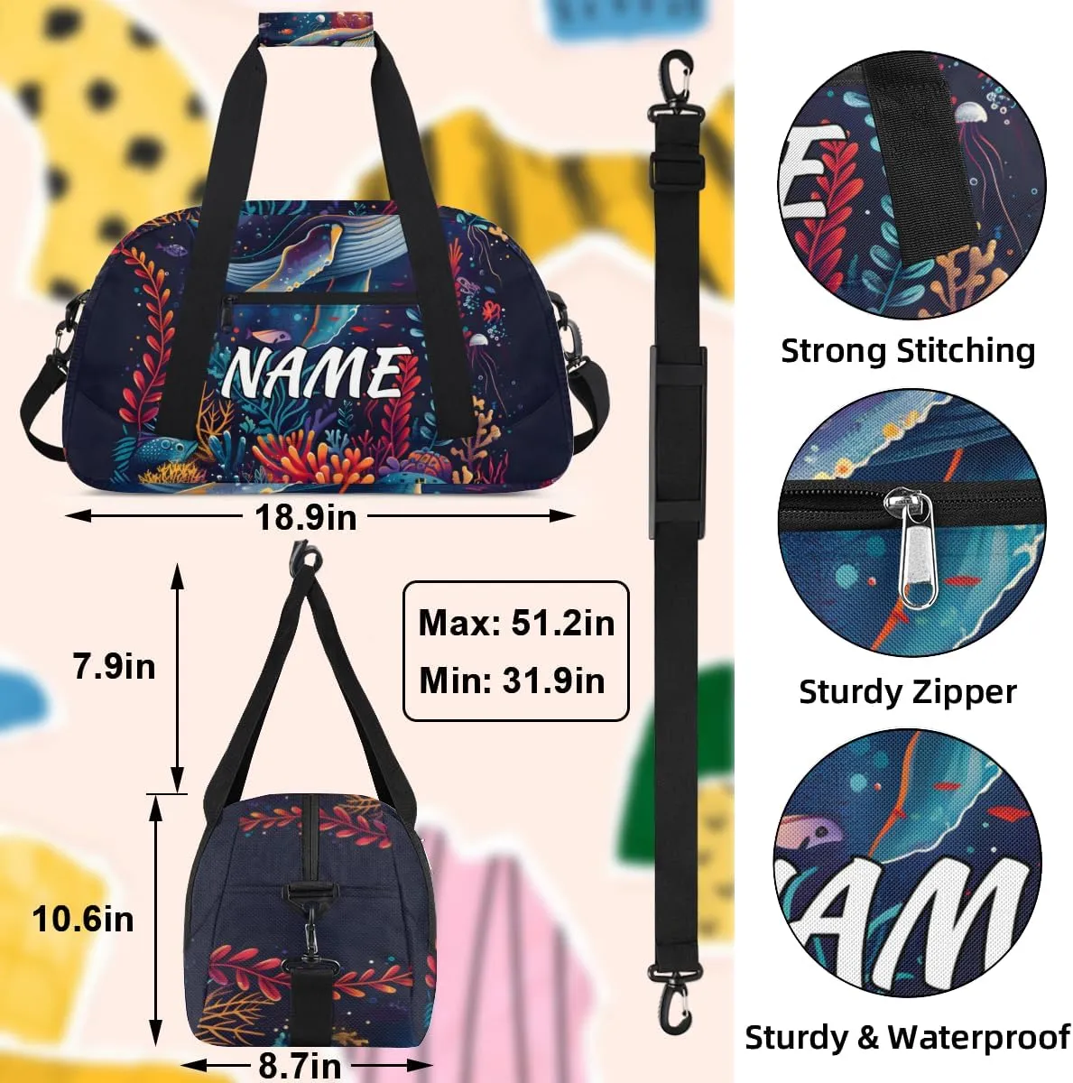 Personalized Custom Gym Bag for Women Men Carry on Underwater World Travel Duffel Tote Coral Whale Overnight Workout Weekender Bag
