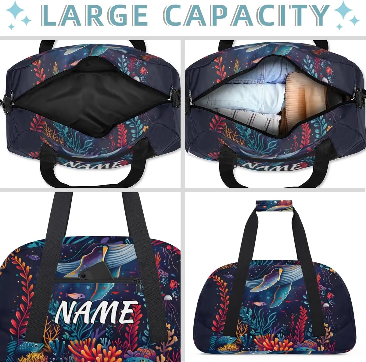 Personalized Custom Gym Bag for Women Men Carry on Underwater World Travel Duffel Tote Coral Whale Overnight Workout Weekender Bag