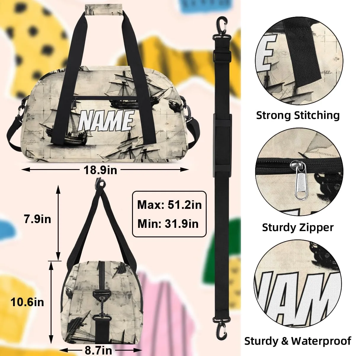 Personalized Custom Gym Bag for Women Men Carry on Vintage Ship Travel Duffel Tote Ship Overnight Workout Weekender Bag