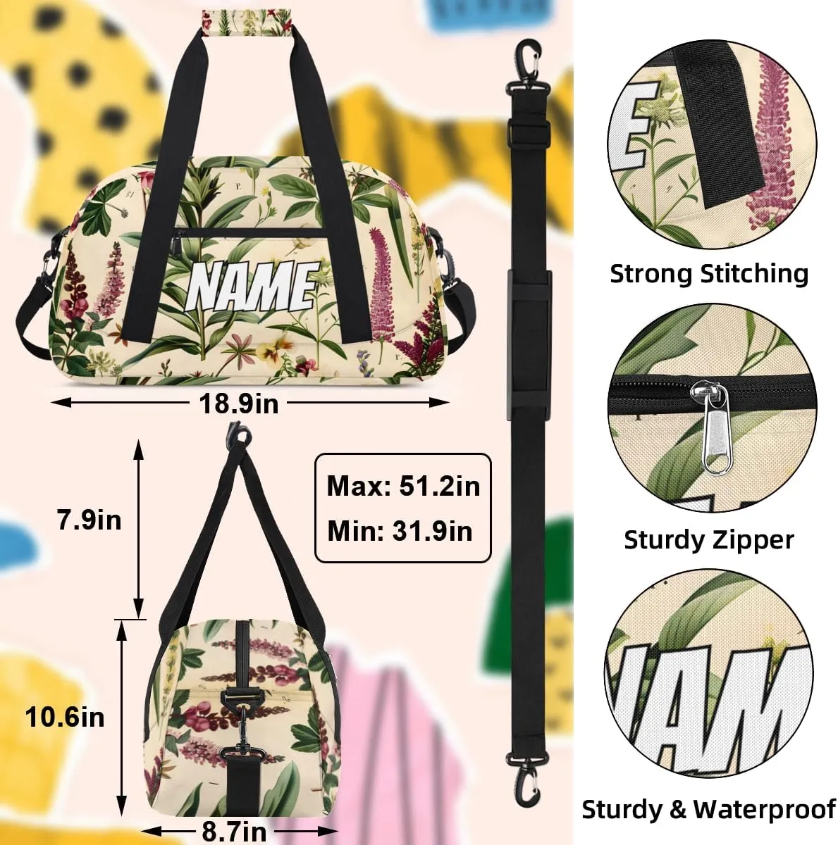Personalized Custom Gym Bag for Women Men Carry on vintage Wildflower Travel Duffel Tote Rustic Flower Overnight Workout Weekender Bag