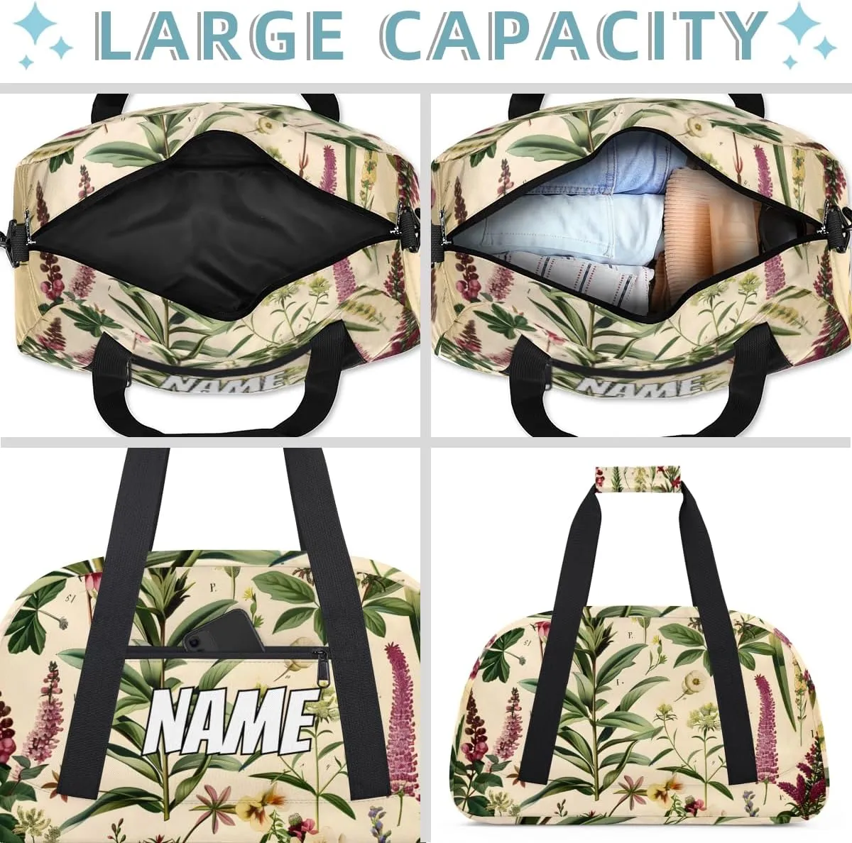 Personalized Custom Gym Bag for Women Men Carry on vintage Wildflower Travel Duffel Tote Rustic Flower Overnight Workout Weekender Bag