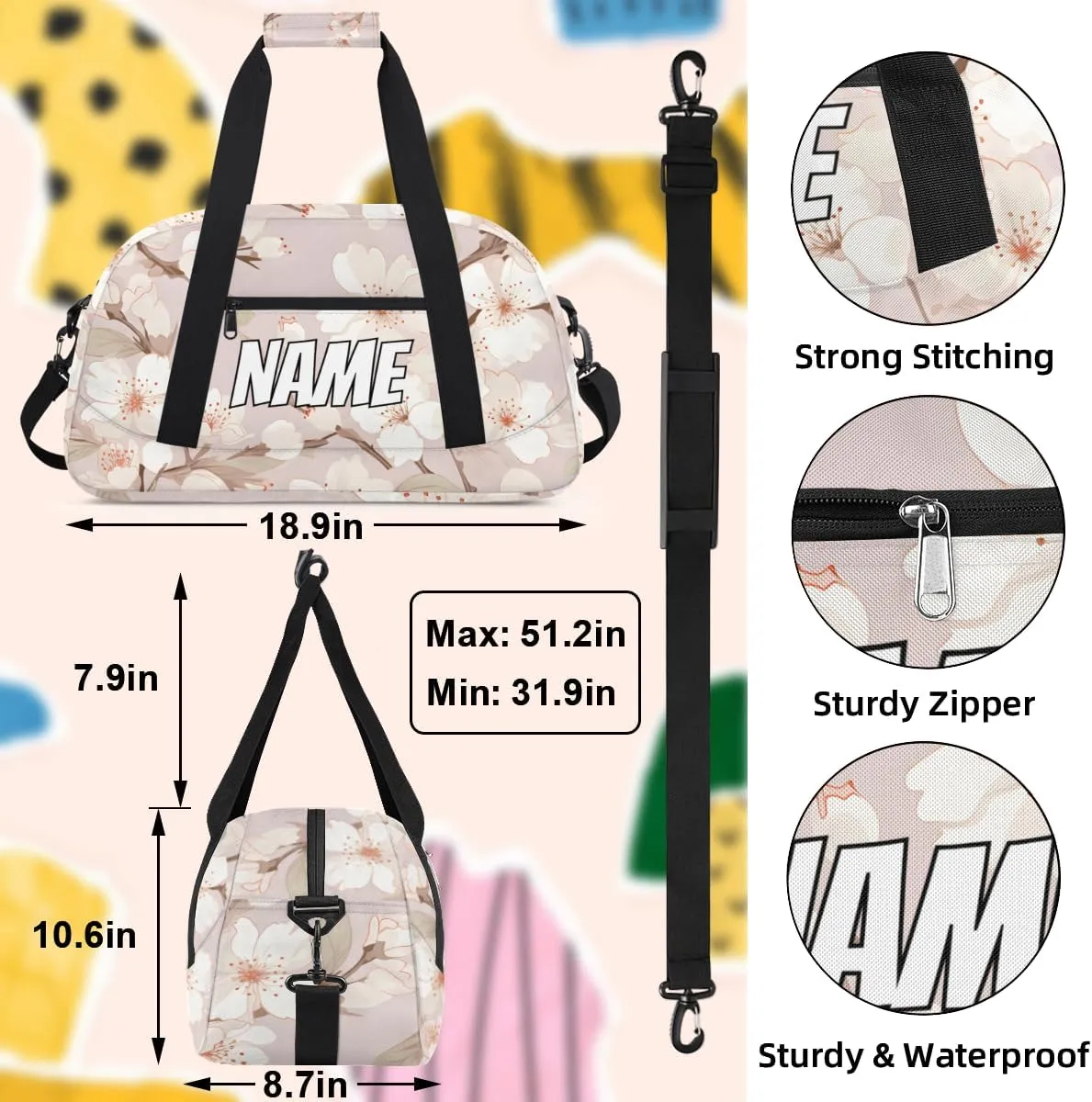 Personalized Custom Gym Bag for Women Men Carry on Watercolor Flower Travel Duffel Tote Flowering Cherry Overnight Workout Weekender Bag