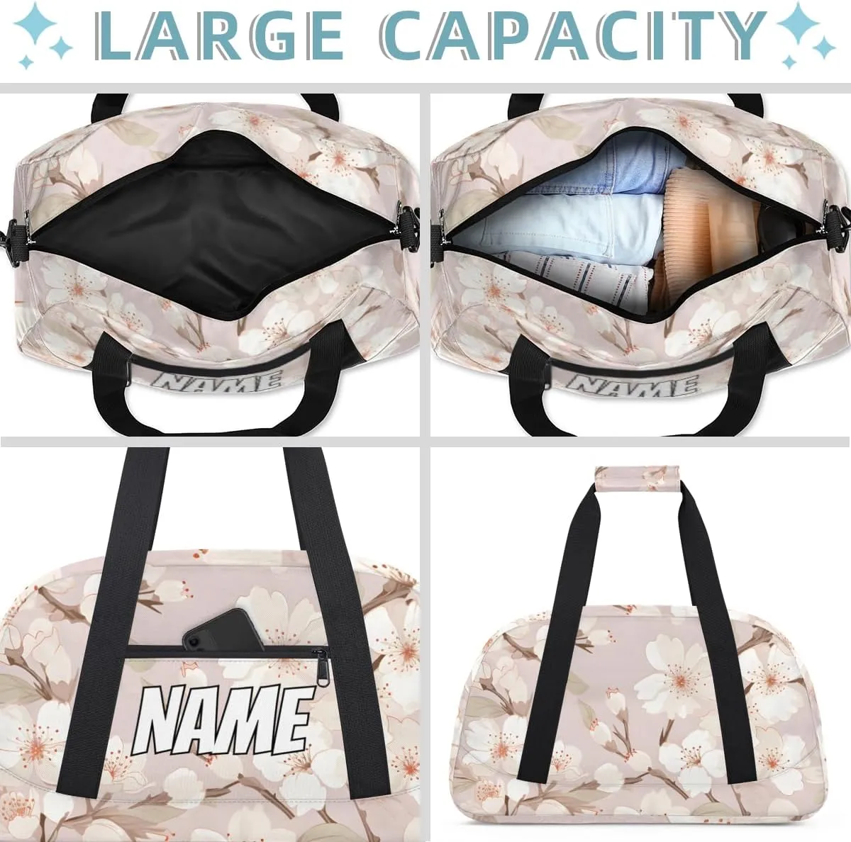 Personalized Custom Gym Bag for Women Men Carry on Watercolor Flower Travel Duffel Tote Flowering Cherry Overnight Workout Weekender Bag