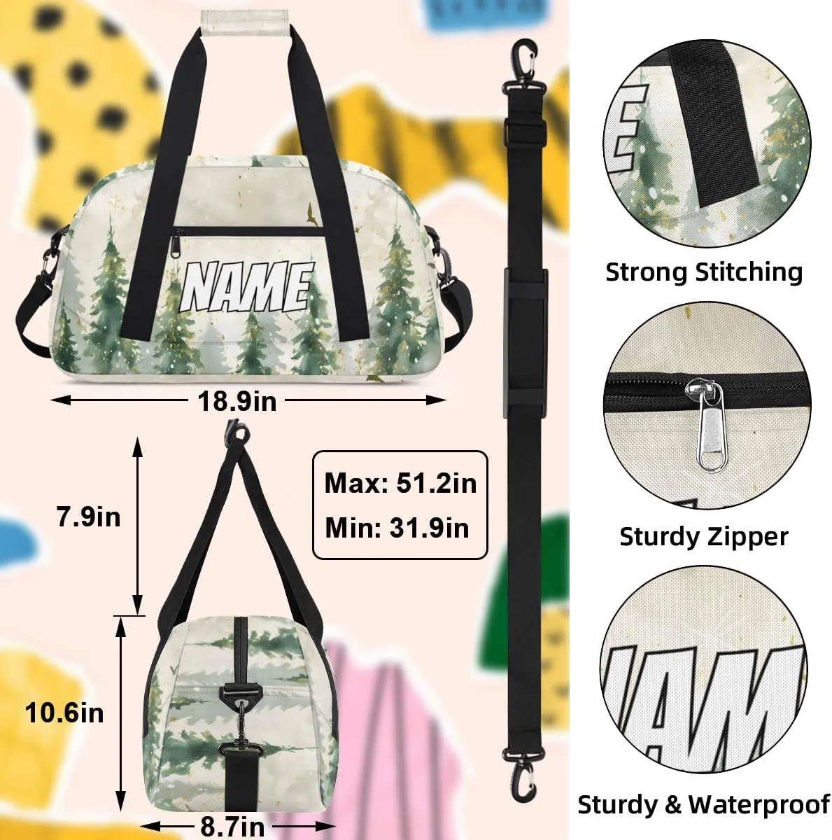 Personalized Custom Gym Bag for Women Men Carry on Watercolor Misty Forest Travel Duffel Tote Pine Tree Overnight Workout Weekender Bag