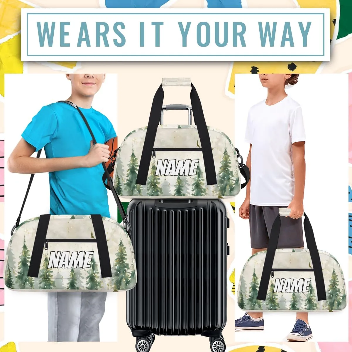 Personalized Custom Gym Bag for Women Men Carry on Watercolor Misty Forest Travel Duffel Tote Pine Tree Overnight Workout Weekender Bag