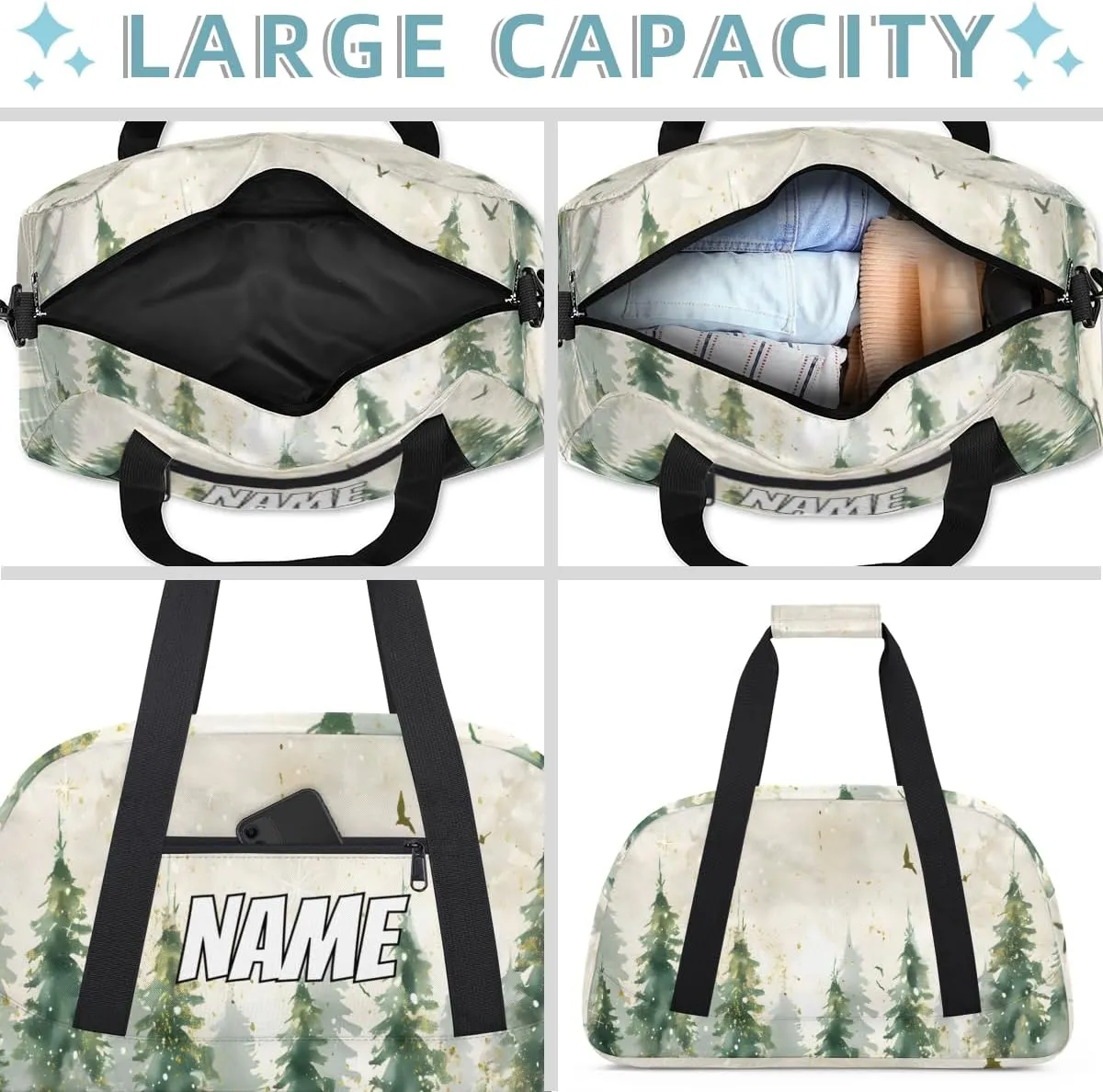Personalized Custom Gym Bag for Women Men Carry on Watercolor Misty Forest Travel Duffel Tote Pine Tree Overnight Workout Weekender Bag