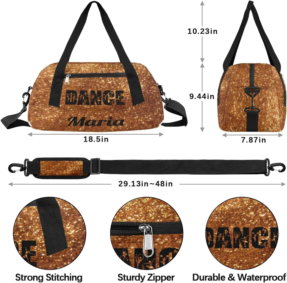 Personalized Custom Kids Duffel Bags, Customized Gifts Sports Gym Bag Custom Name Girls Dance Bag Overnight Weekender Sleepover Carry On Travel Tote Bag for Girls, Golden Glitter Dancing