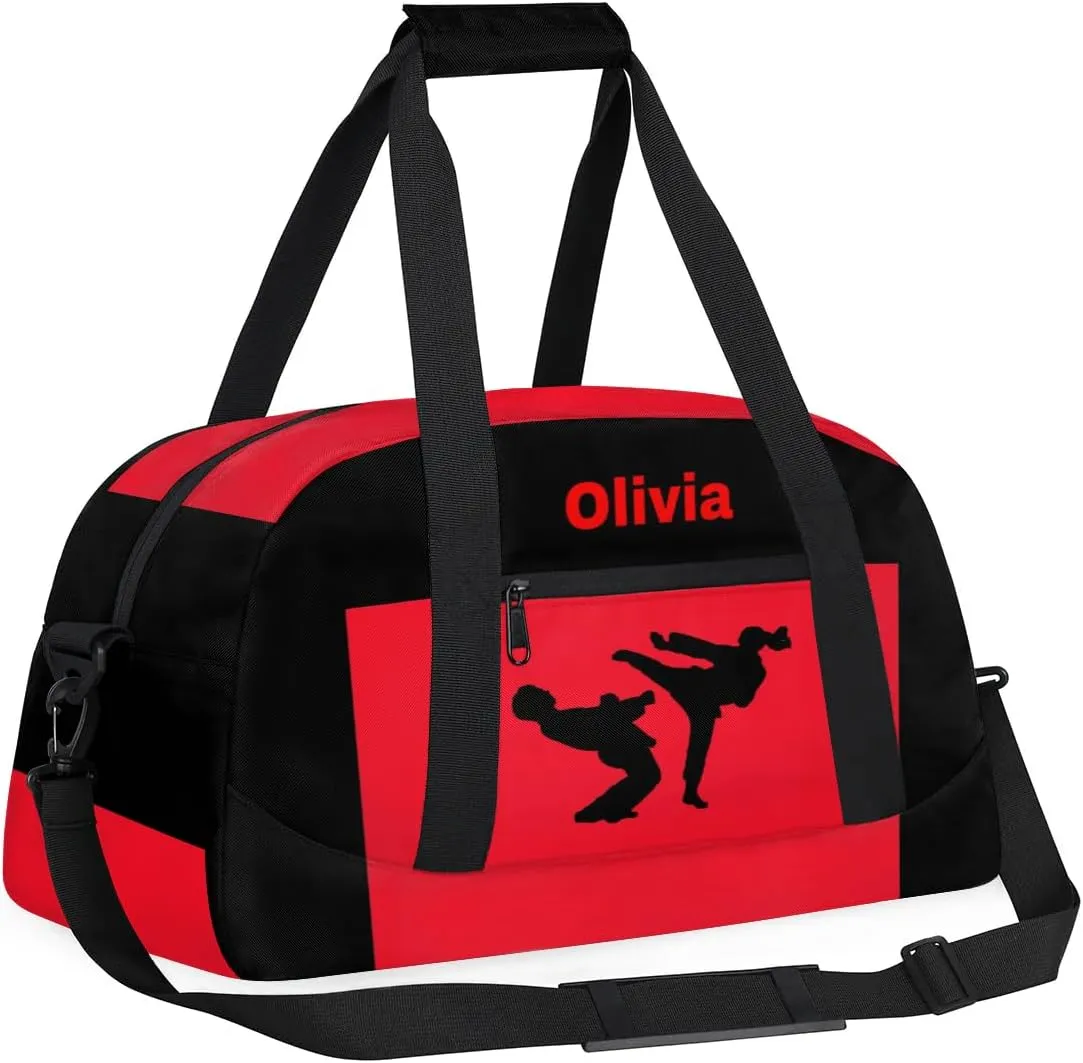 Personalized Custom Kids Duffel Bags for Boys Teen Girls, Customized Sports Gym Bag Travel Duffle Bag, Overnight Weekender Sleepover Bag, Martial Arts Taekwondo Red Section 11