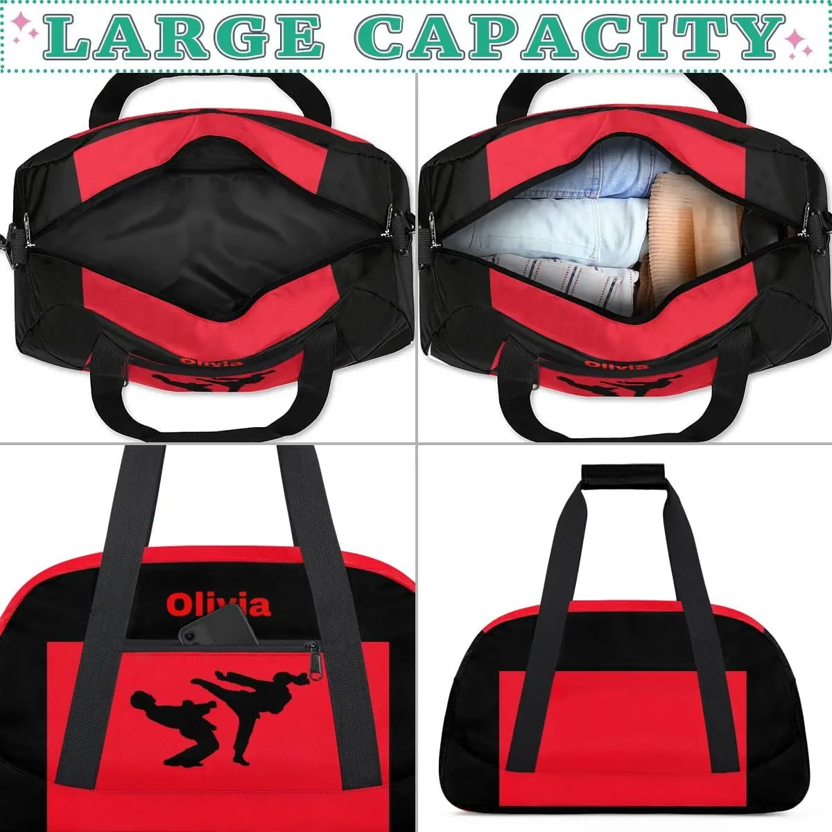 Personalized Custom Kids Duffel Bags for Boys Teen Girls, Customized Sports Gym Bag Travel Duffle Bag, Overnight Weekender Sleepover Bag, Martial Arts Taekwondo Red Section 11