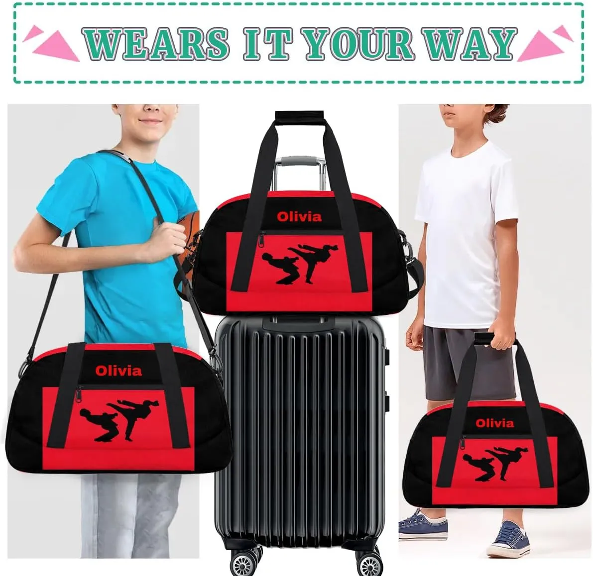 Personalized Custom Kids Duffel Bags for Boys Teen Girls, Customized Sports Gym Bag Travel Duffle Bag, Overnight Weekender Sleepover Bag, Martial Arts Taekwondo Red Section 11