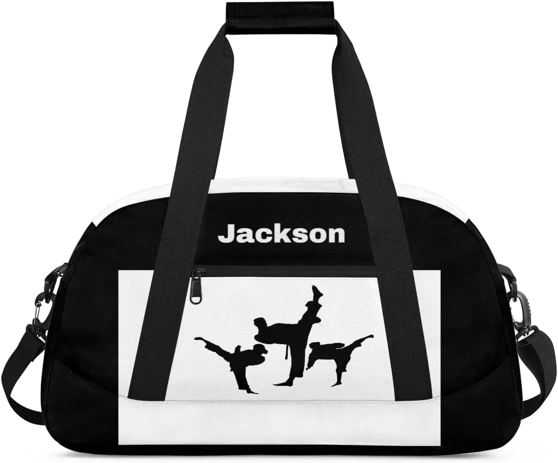 Personalized Custom Kids Duffel Bags for Boys Teen Girls, Customized Sports Gym Bag Travel Duffle Bag, Overnight Weekender Sleepover Bag, Martial Arts Taekwondo White Section 45