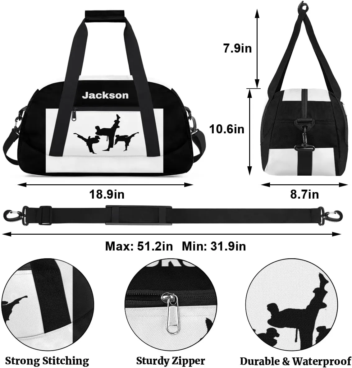 Personalized Custom Kids Duffel Bags for Boys Teen Girls, Customized Sports Gym Bag Travel Duffle Bag, Overnight Weekender Sleepover Bag, Martial Arts Taekwondo White Section 45