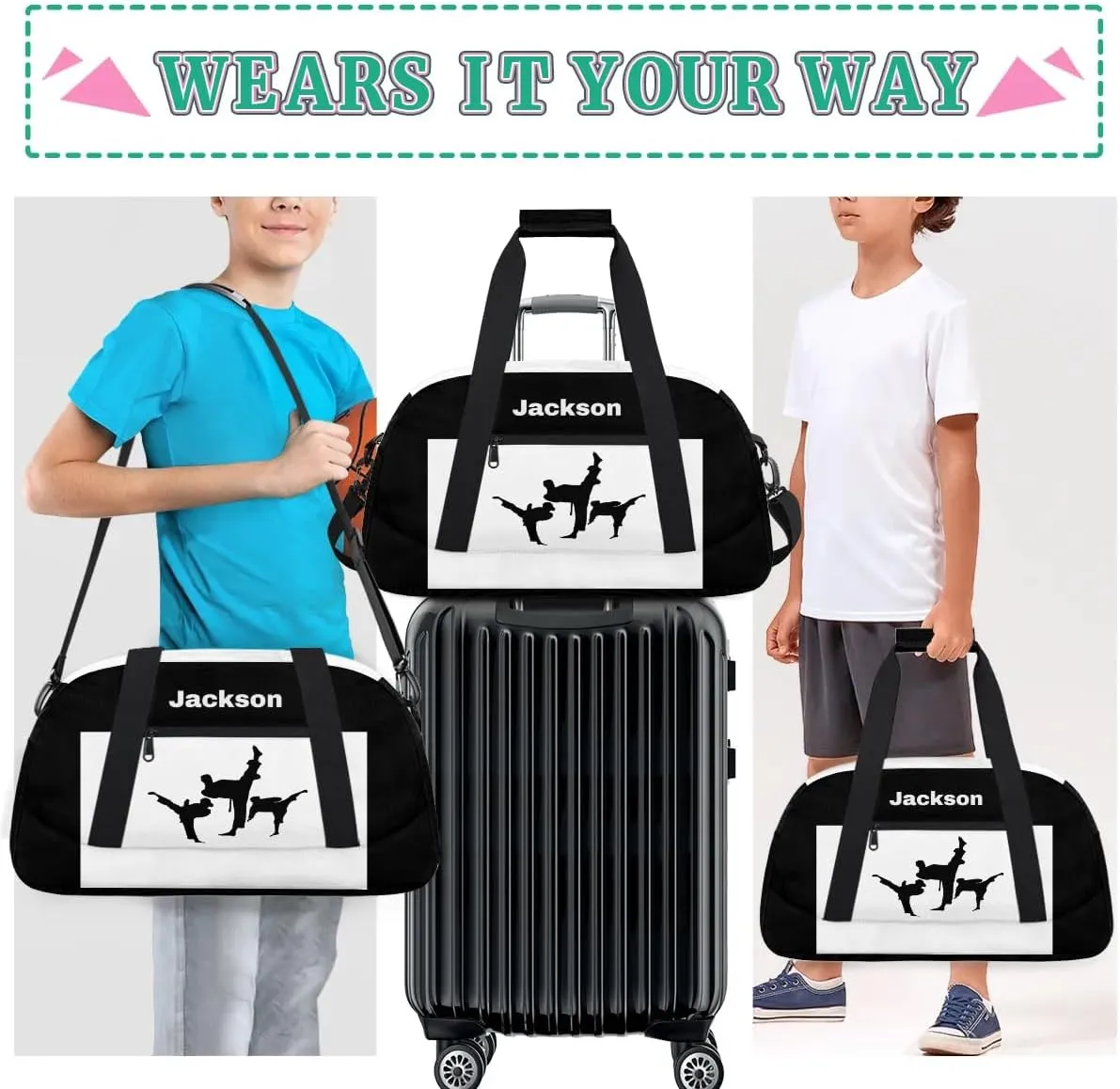Personalized Custom Kids Duffel Bags for Boys Teen Girls, Customized Sports Gym Bag Travel Duffle Bag, Overnight Weekender Sleepover Bag, Martial Arts Taekwondo White Section 45