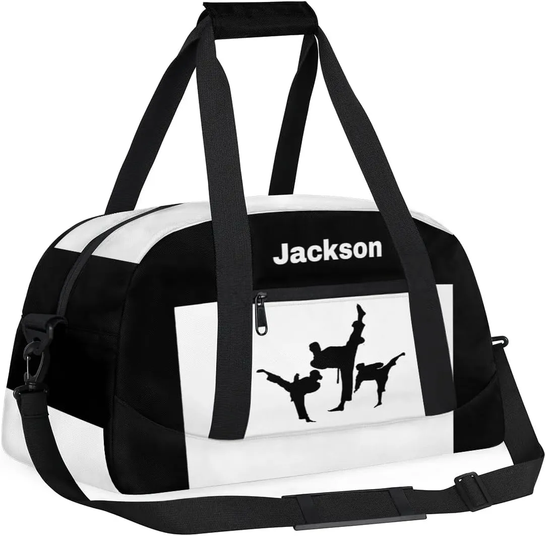 Personalized Custom Kids Duffel Bags for Boys Teen Girls, Customized Sports Gym Bag Travel Duffle Bag, Overnight Weekender Sleepover Bag, Martial Arts Taekwondo White Section 45