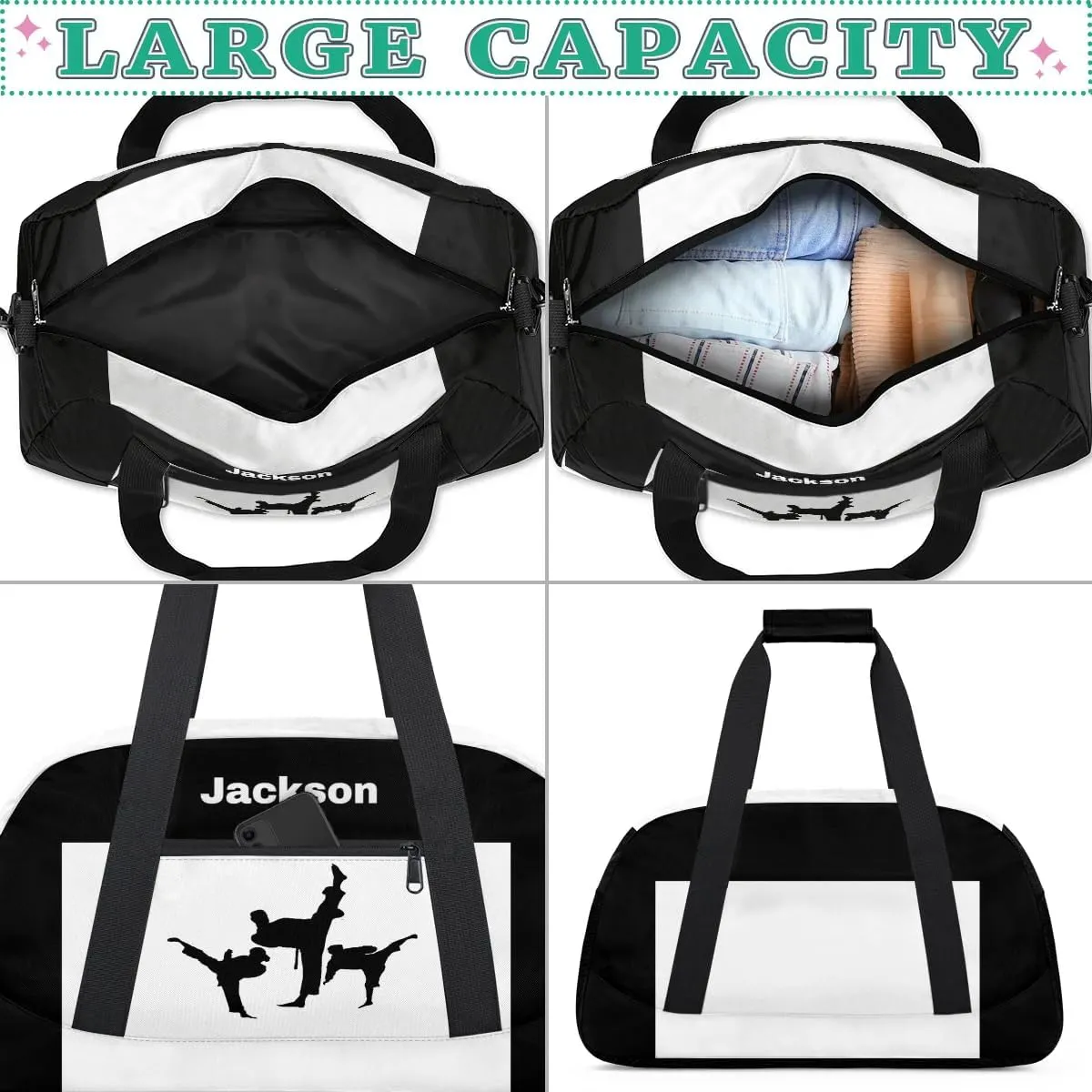 Personalized Custom Kids Duffel Bags for Boys Teen Girls, Customized Sports Gym Bag Travel Duffle Bag, Overnight Weekender Sleepover Bag, Martial Arts Taekwondo White Section 45