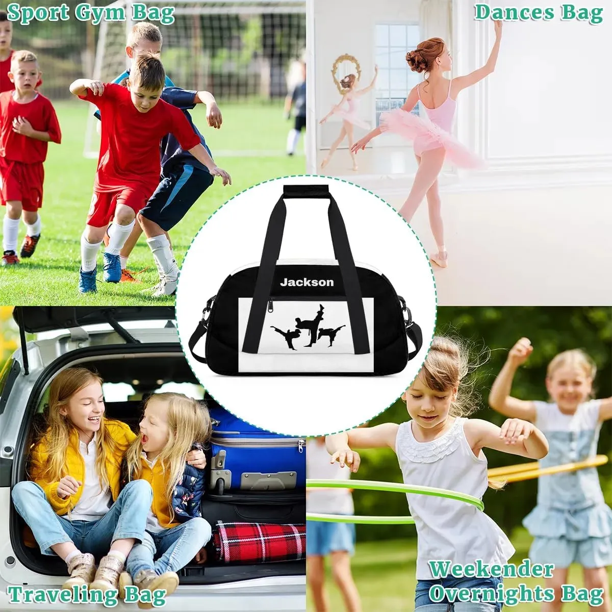 Personalized Custom Kids Duffel Bags for Boys Teen Girls, Customized Sports Gym Bag Travel Duffle Bag, Overnight Weekender Sleepover Bag, Martial Arts Taekwondo White Section 45