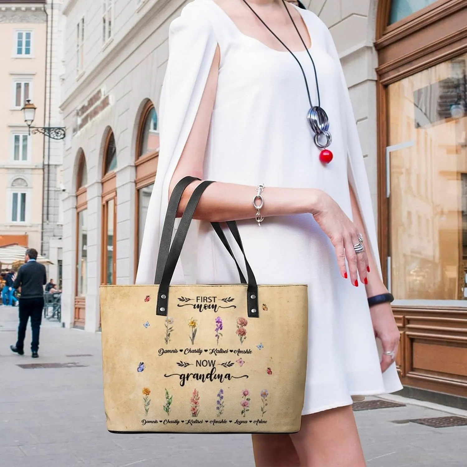 Personalized Custom Leather Tote Bag Handbags with Birth Month Flowers Name,Mothers Day Gift for Mom Grandma