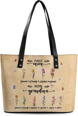 Personalized Custom Leather Tote Bag Handbags with Birth Month Flowers Name,Mothers Day Gift for Mom Grandma