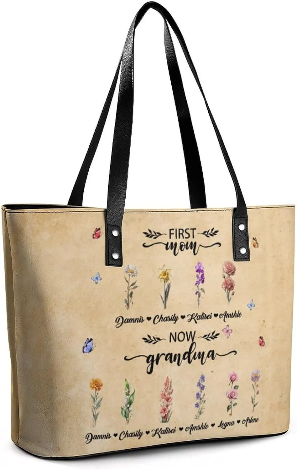 Personalized Custom Leather Tote Bag Handbags with Birth Month Flowers Name,Mothers Day Gift for Mom Grandma
