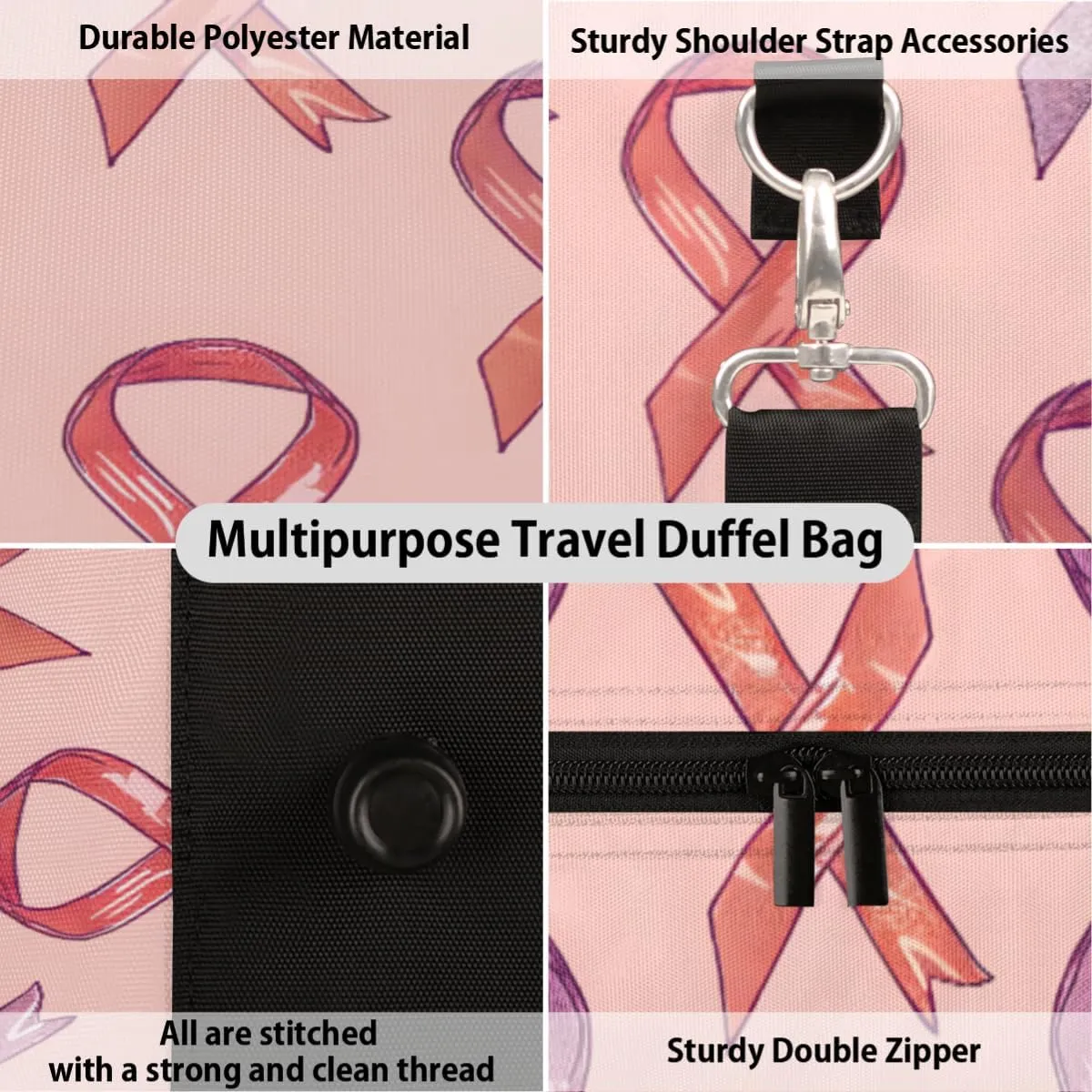 Personalized Custom Travel Duffel Bag, Sports Gym Bag Duffle Bags, Foldable Dance Bag Weekender Overnight Bag Carry On Tote Bag Luggage Handbag for Men Women, Breast Cancer Ribbon