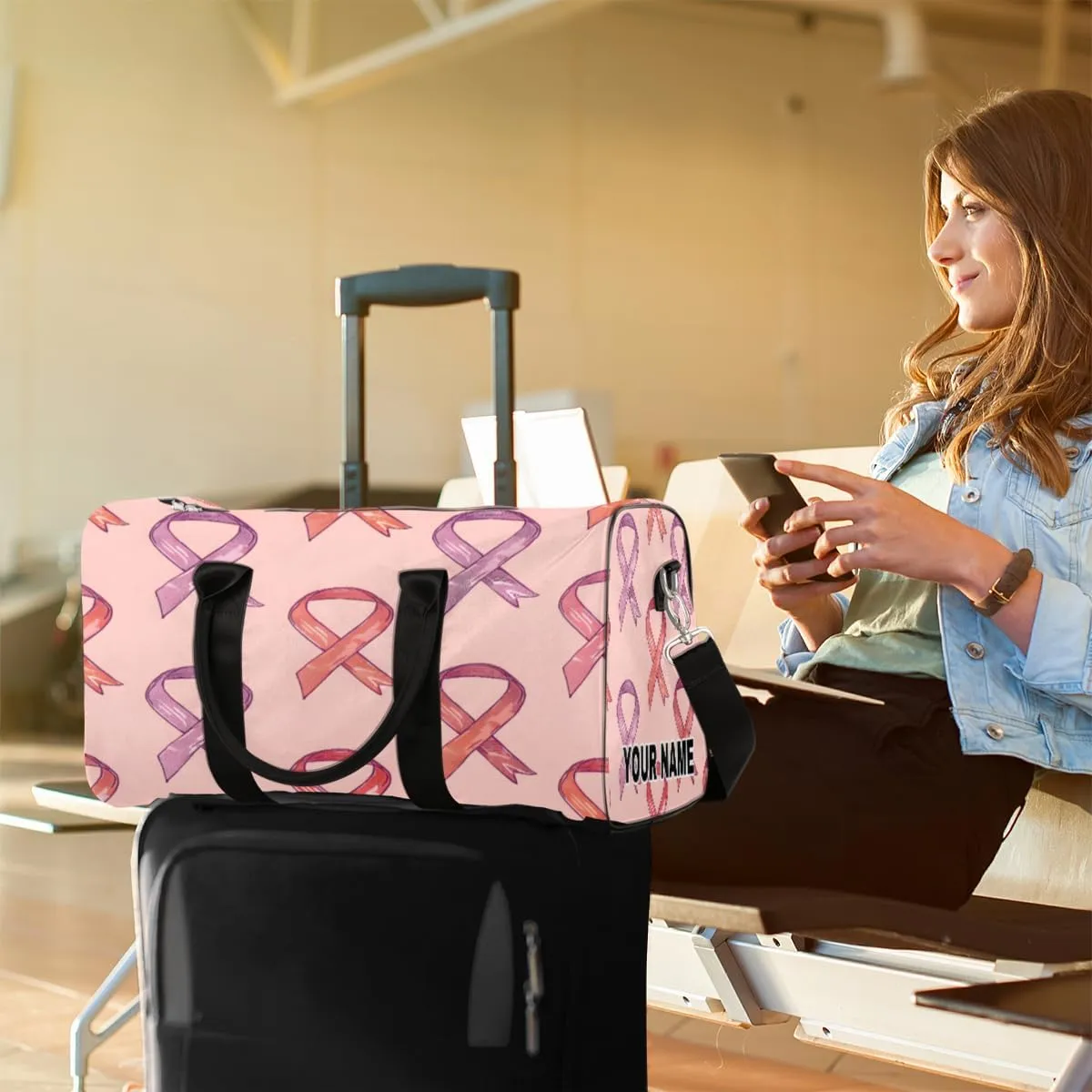 Personalized Custom Travel Duffel Bag, Sports Gym Bag Duffle Bags, Foldable Dance Bag Weekender Overnight Bag Carry On Tote Bag Luggage Handbag for Men Women, Breast Cancer Ribbon