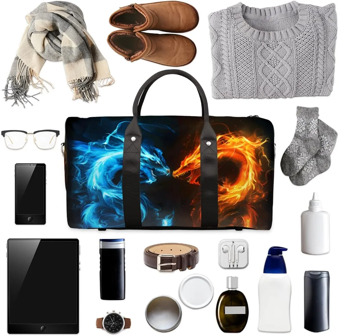 Personalized Custom Travel Duffel Bag, Sports Gym Bag Duffle Bags, Foldable Dance Bag Weekender Overnight Bag Carry On Tote Bag Luggage Handbag for Men Women, Fire Ice Dragon