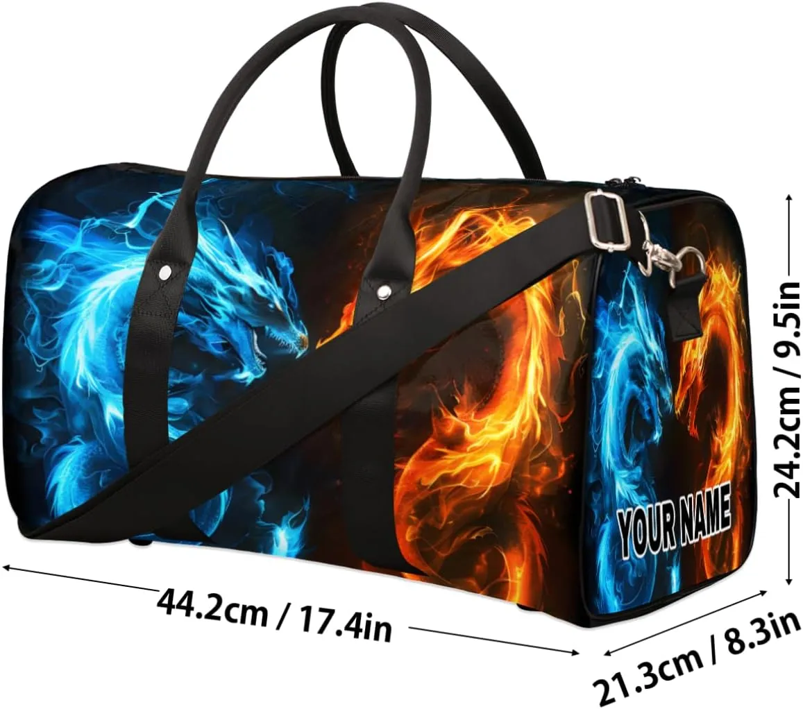 Personalized Custom Travel Duffel Bag, Sports Gym Bag Duffle Bags, Foldable Dance Bag Weekender Overnight Bag Carry On Tote Bag Luggage Handbag for Men Women, Fire Ice Dragon