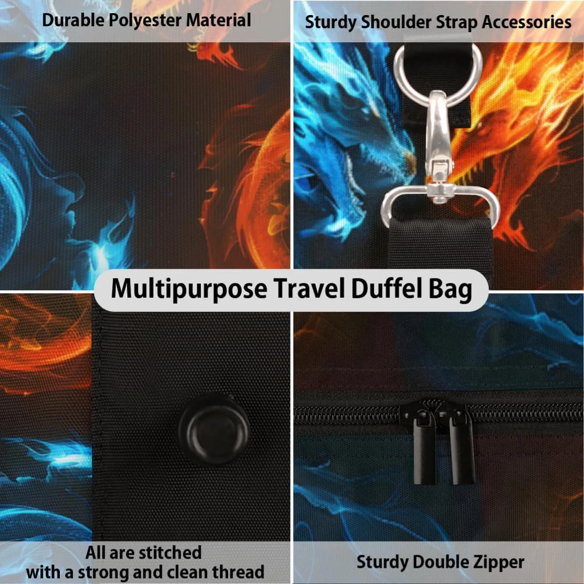 Personalized Custom Travel Duffel Bag, Sports Gym Bag Duffle Bags, Foldable Dance Bag Weekender Overnight Bag Carry On Tote Bag Luggage Handbag for Men Women, Fire Ice Dragon