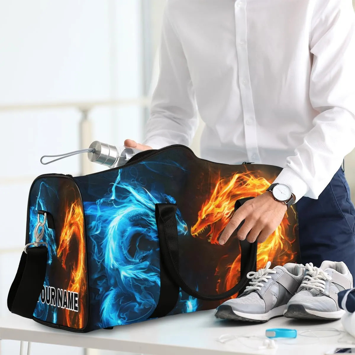 Personalized Custom Travel Duffel Bag, Sports Gym Bag Duffle Bags, Foldable Dance Bag Weekender Overnight Bag Carry On Tote Bag Luggage Handbag for Men Women, Fire Ice Dragon
