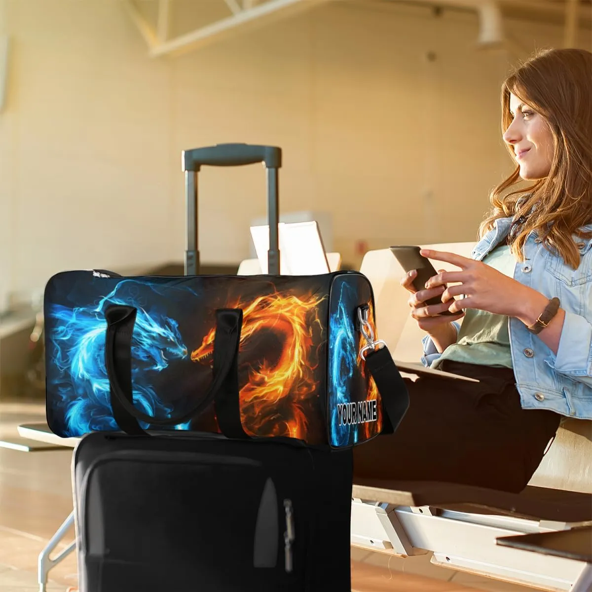 Personalized Custom Travel Duffel Bag, Sports Gym Bag Duffle Bags, Foldable Dance Bag Weekender Overnight Bag Carry On Tote Bag Luggage Handbag for Men Women, Fire Ice Dragon