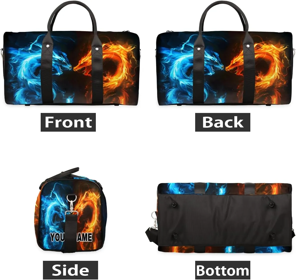 Personalized Custom Travel Duffel Bag, Sports Gym Bag Duffle Bags, Foldable Dance Bag Weekender Overnight Bag Carry On Tote Bag Luggage Handbag for Men Women, Fire Ice Dragon