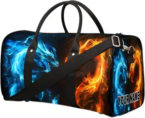 Personalized Custom Travel Duffel Bag, Sports Gym Bag Duffle Bags, Foldable Dance Bag Weekender Overnight Bag Carry On Tote Bag Luggage Handbag for Men Women, Fire Ice Dragon