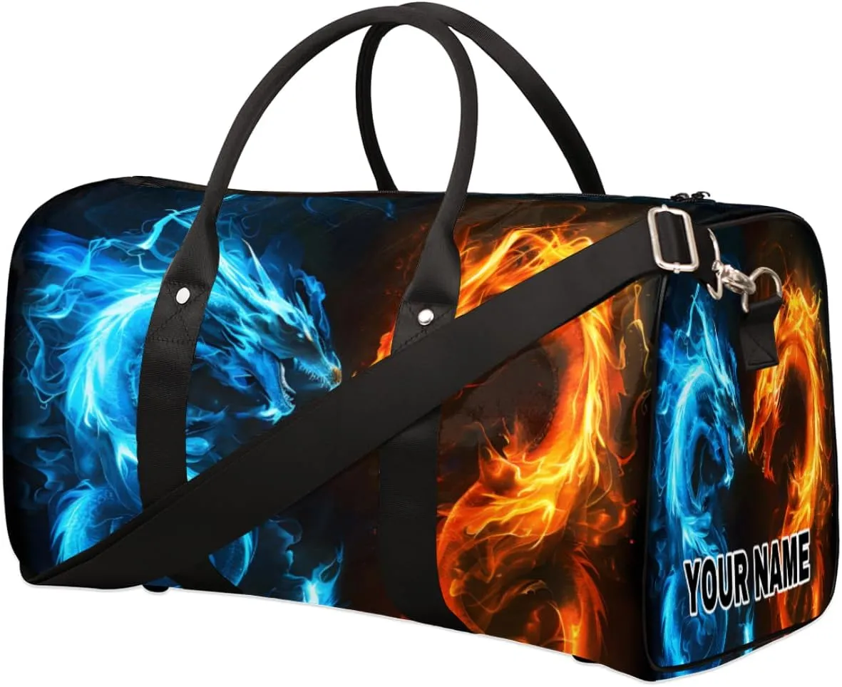 Personalized Custom Travel Duffel Bag, Sports Gym Bag Duffle Bags, Foldable Dance Bag Weekender Overnight Bag Carry On Tote Bag Luggage Handbag for Men Women, Fire Ice Dragon